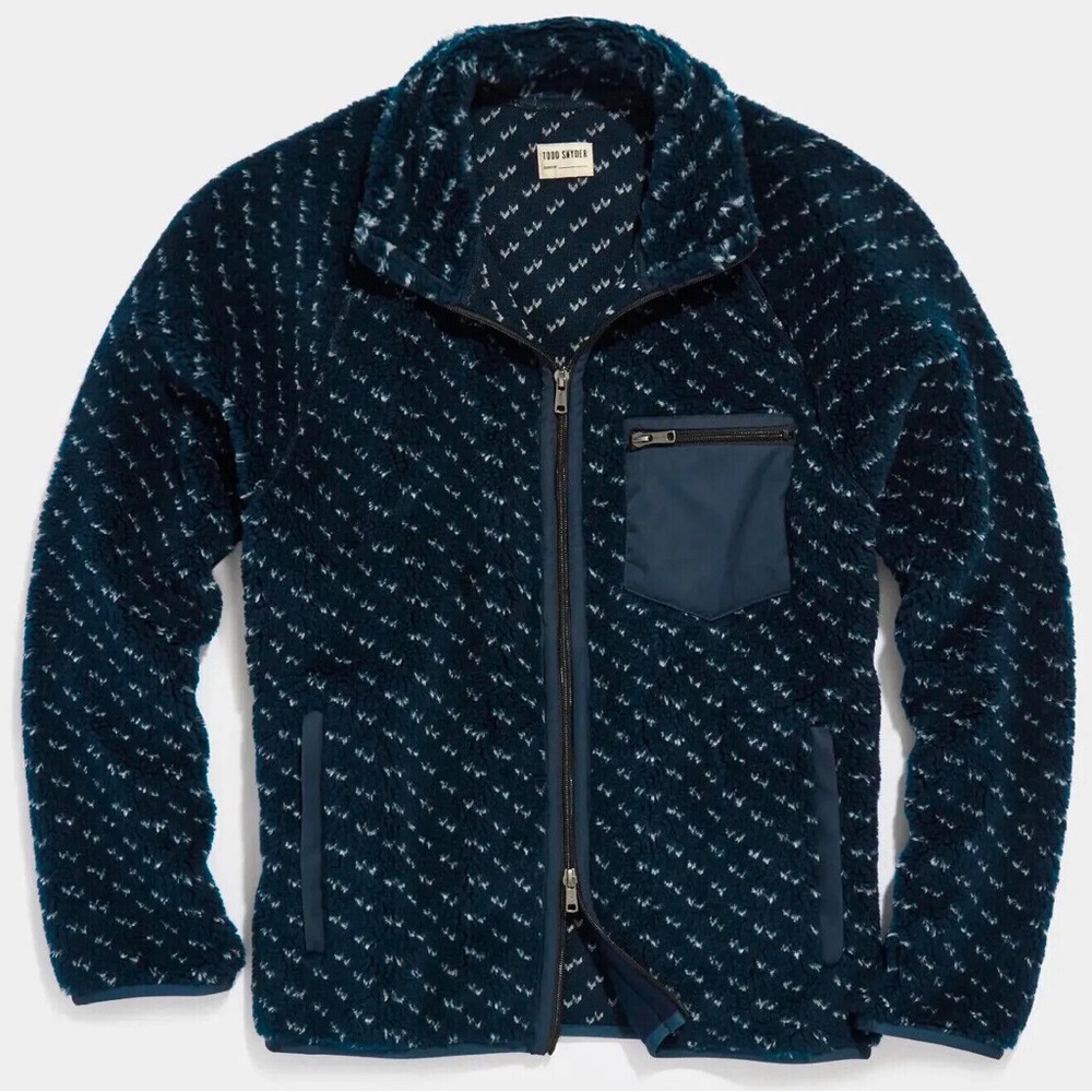 Todd Snyder Birds Eye Adirondack Fleece Full-Zip Jacket Navy Blue Italy